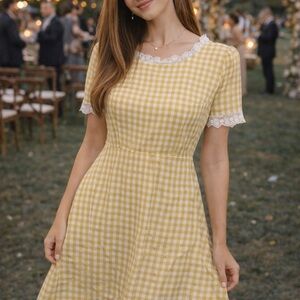 Allegra K Yellow and White Gingham Lace-Trim Midi Dress